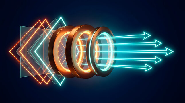 Glowing neon geometric shapes transform into outgoing blue arrows on a dark blue background.