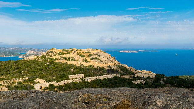 Panoramic view of Capo D'orso (Bear's Cape) with old military barracks, Strait of Bonifacio and Caprera Island in the background, Sardinia Island, Italy