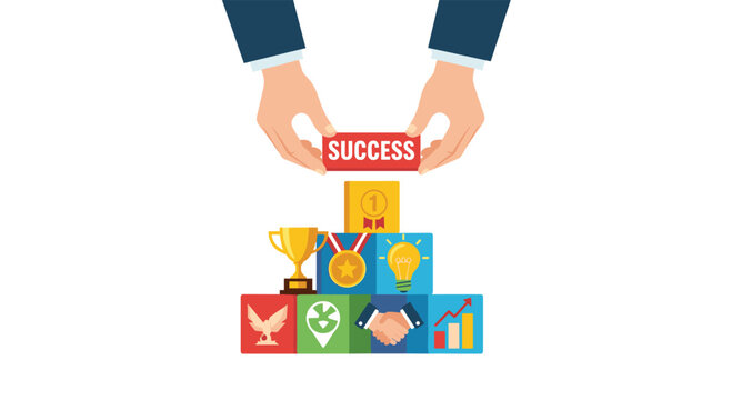 Human hands place a red sign stating success above a stacked pyramid of multicolored blocks, featuring a trophy, medal, light bulb, and handshake icon.