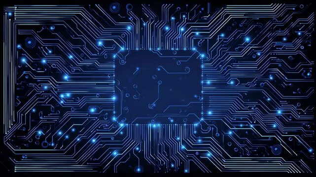 Futuristic Blue Glowing Circuit Board Animation with Digital Data Flow and CPU Processor Background Video.