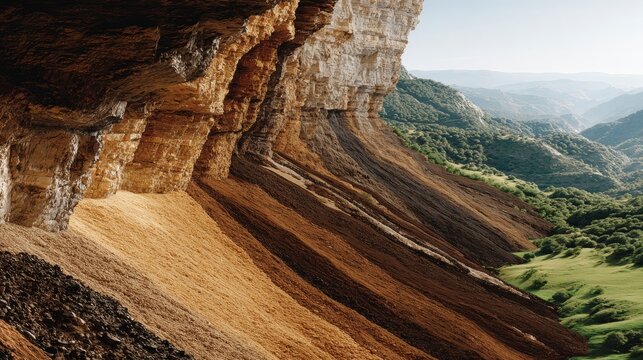 Dramatic landscape view of golden sand dunes resting against massive rocky mountain cliff under clear sky showcasing geological formations and natural erosion patterns