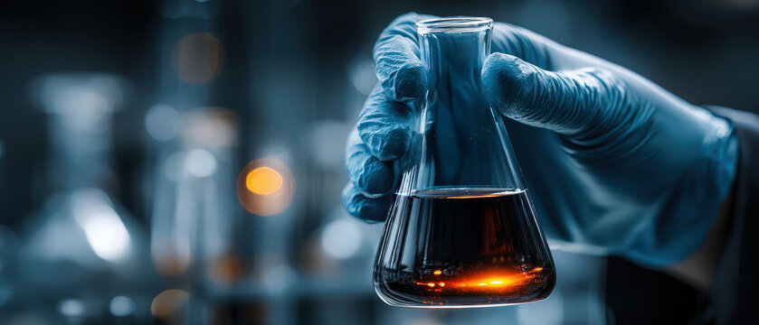 Close up of gloved scientist hand holding glass flask with dark crude oil sample in laboratory. Concept of petrochemical research, fuel analysis, energy industry and scientific testing.