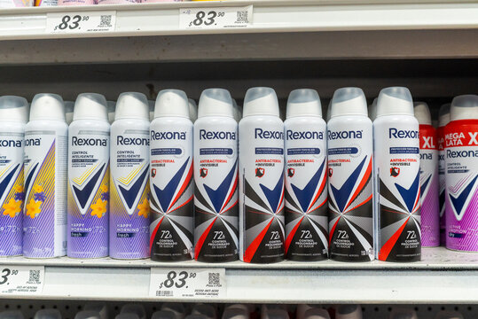 Villa de Alvarez, Colima. April 14, 2026: Lineup of Rexona Brand Antibacterial Deodorant Spray Cans on Shelf