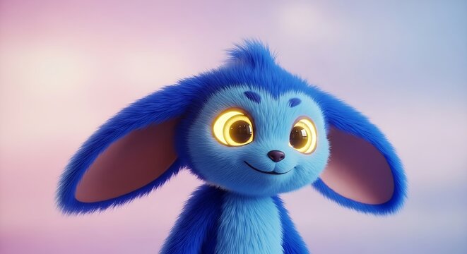 Cartoon creature portrait with big ears and glowing eyes on soft background