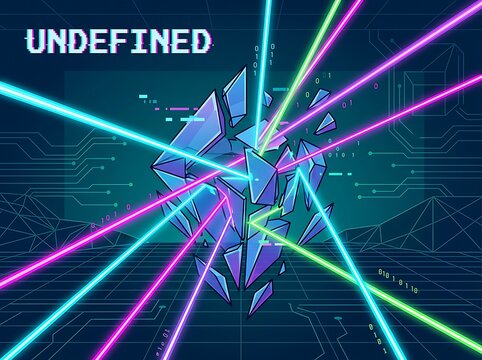 Neon laser beams intersecting on circuit board with shattered glass and undefined text