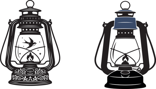 raditional Kerosene Lantern and Old Oil Lamp Vector