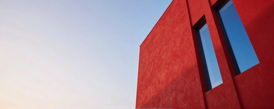 A sleek, towering modern structure painted in a bold, fiery red that mands attention against the awakening sky
