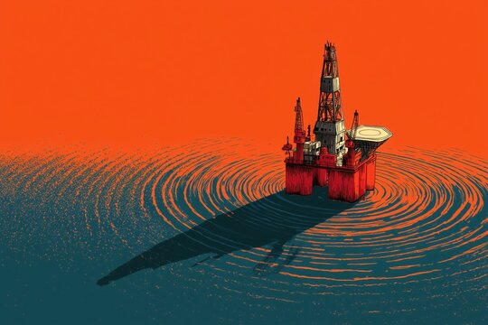 Offshore oil and gas rig platform with underwater cross section view showing the subsea structure and drilling operation below water surface