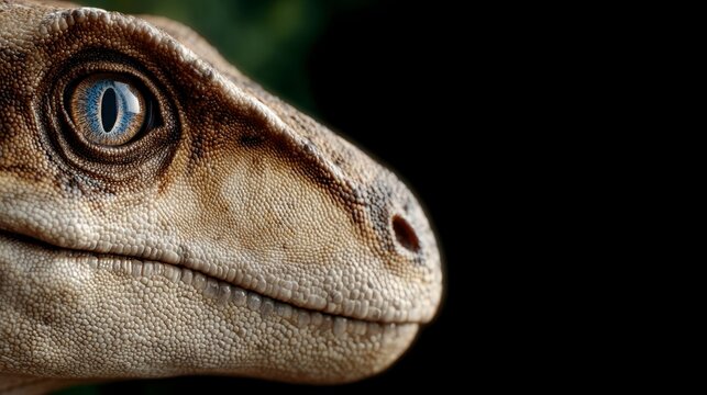 Close-up of a detailed dinosaur raptor eye with blue iris and scaly skin texture