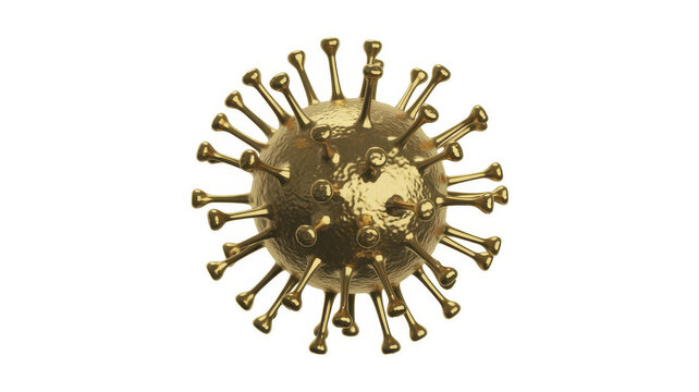 Golden 3d model of a virus cell isolated on a white background, for scientific medical research