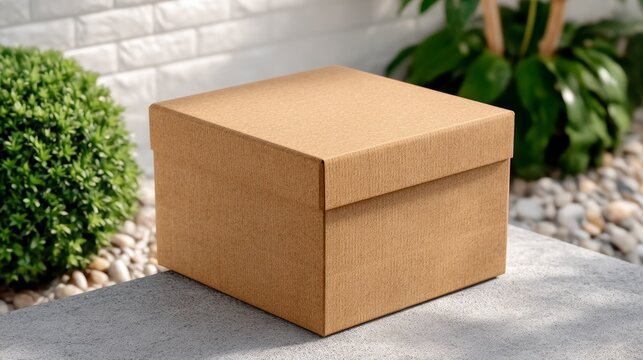 Simple brown cardboard gift box on modern stone surface with greenery