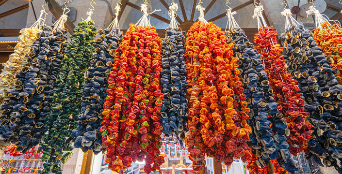 The colorful views of the dried vegetables at the market in Gaziantep, Turkey.