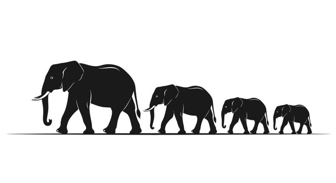 Elephant family silhouette walking in a line