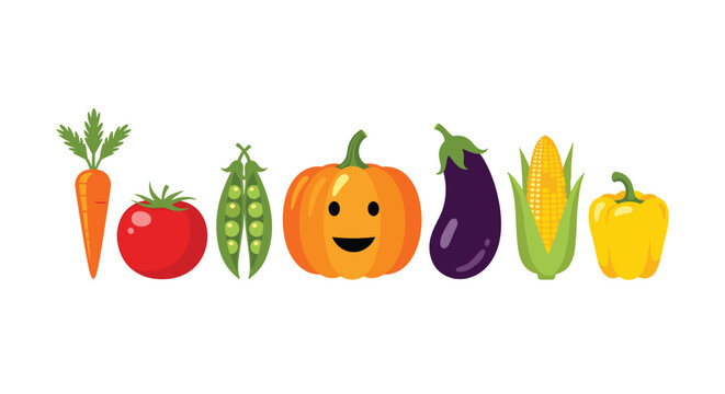 Colorful lineup of fresh vegetables including a carrot, tomato, peas, pumpkin with a face, eggplant, corn, and pepper.