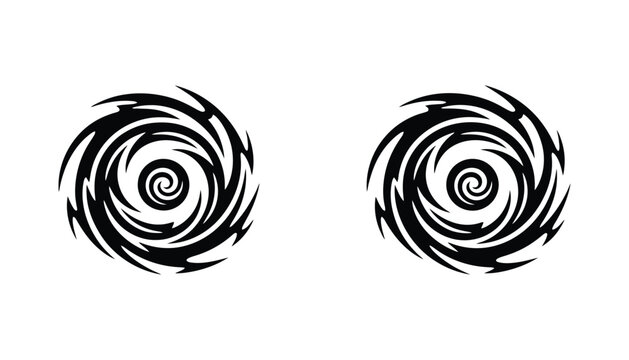 Abstract vortex spiral cyclone icon in outline and solid black silhouette style for weather and dynamic motion graphic design assets isolated on white background