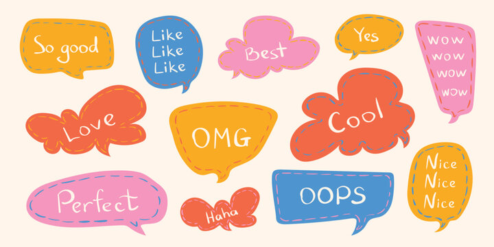 Cute speech bubbles with text set. Comic chat stickers with phrases OMG, wow, cool, love. Hand drawn colorful doodle message labels vector