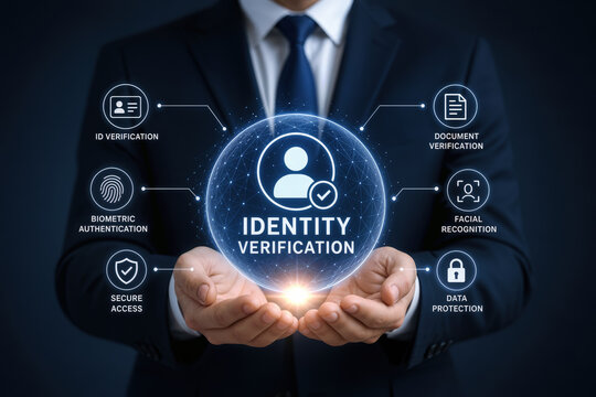 Identity verification concept with business person in suit holding glowing orb showing ID verification biometric authentication facial recognition document verification data protection secure access