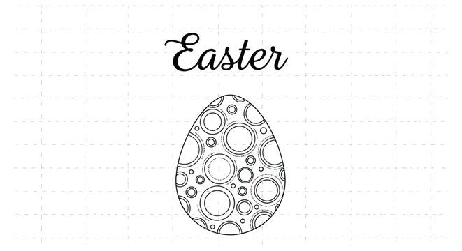 Decorative black and white line art of an Easter egg with circular patterns placed on a grey grid background.