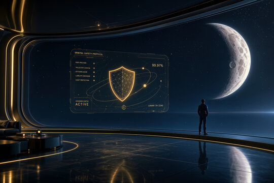Luxury spacecraft observation deck with silhouetted traveler viewing crescent Moon and holographic golden geometric shield orbital safety interface symbolizing space insurance and risk management