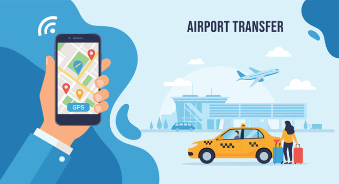 Airport transfer service concept featuring a hand holding a smartphone with GPS map and a taxi at the terminal.