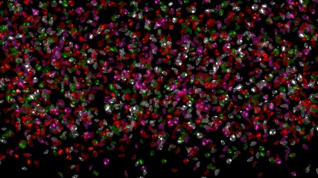 Thousands of precious stones falling against a black background: rubies, emeralds, and diamonds