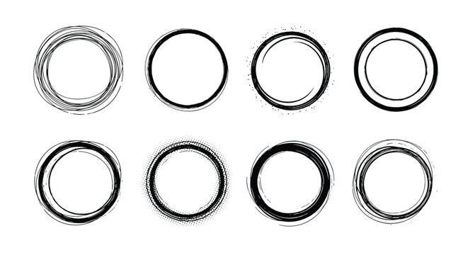 Collection of eight unique hand-drawn circular frames with various artistic textures and distressed ink effects.