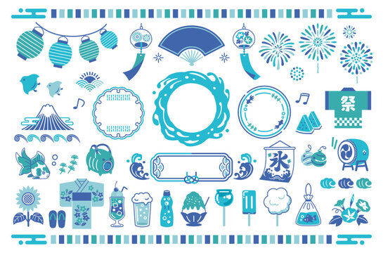 夏の和風イラストセット：夏祭り・あしらい・フレーム・アイコン

