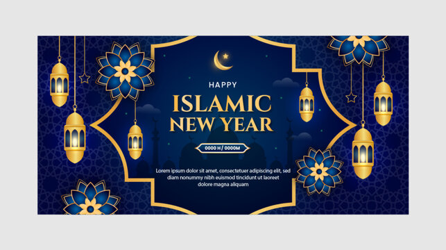 Gradient islamic new year horizontal banner with lanterns