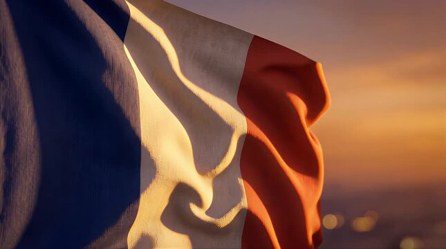 The French National Flag Waving in Warm Golden Sunset Light Symbolizing National Pride and Hope.