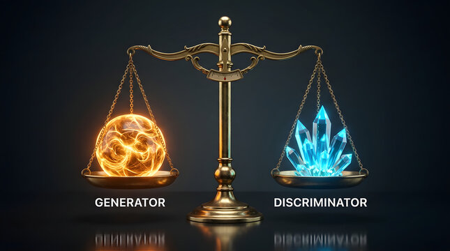 A golden balance scale dramatically illustrates the abstract concept of a generator versus a discriminator with glowing orbs and crystals.