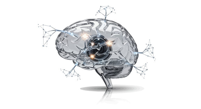 A futuristic transparent brain model with glowing neural networks symbolizing artificial intelligence and connectivity.