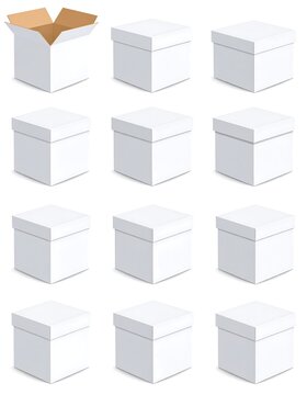 Collection of twelve white cubic storage boxes