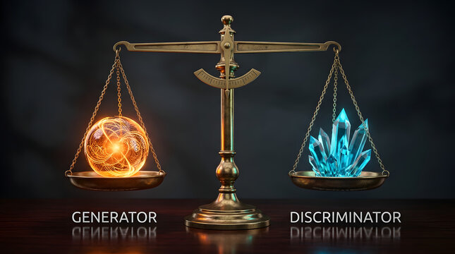 A studio shot of a golden balance scale comparing a glowing orange generator orb and blue discriminator crystals.