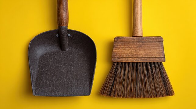 Shovel and Brush on Bright Yellow Background for Cleaning, Gardening, or Home Improvement Projects