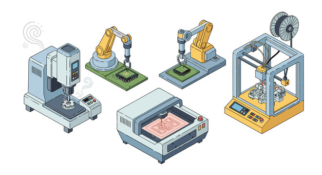 Collection of various isometric industrial manufacturing machines including circuit engravers and 3D printers displayed on a plain white studio background for technical design.