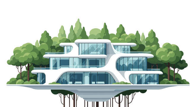 Futuristic multi-tiered white structure resembling a house, appearing to float serenely amidst a dense arrangement of stylized green trees.