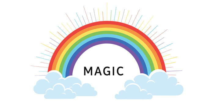 Colorful rainbow stretches between soft blue clouds with the word magic written below against a white background.