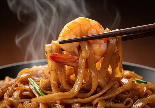Macro close-up shot of Char Kway Teow (stir-fried rice noodle) with wooden chopsticks elegantly lifting a perfect bite of glossy flat rice noodles with a large glistening cooked prawn.