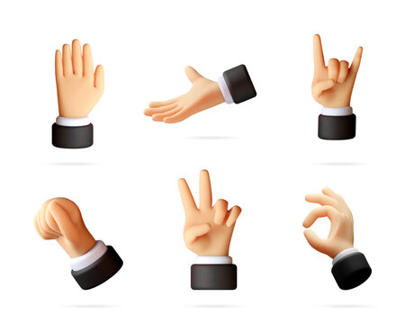 Set of 3d human hand icons with different gestures. Businessman hands showing signals for communication. Cartoon character hands in suit sleeves for business presentation. Vector illustration