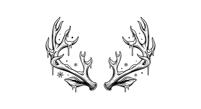 Hand drawn deer antlers with dripping snow and snowflakes