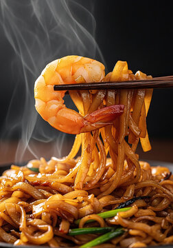 Macro close-up shot of Char Kway Teow (stir-fried rice noodle) with wooden chopsticks elegantly lifting a perfect bite of glossy flat rice noodles with a large glistening cooked prawn.