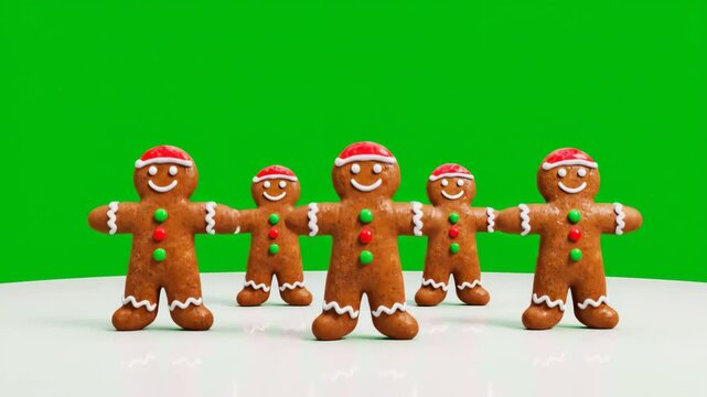 Animated 3D gingerbread men in Santa hats dancing on a white surface with a green screen background. Perfect for holiday projects and Christmas celebrations.