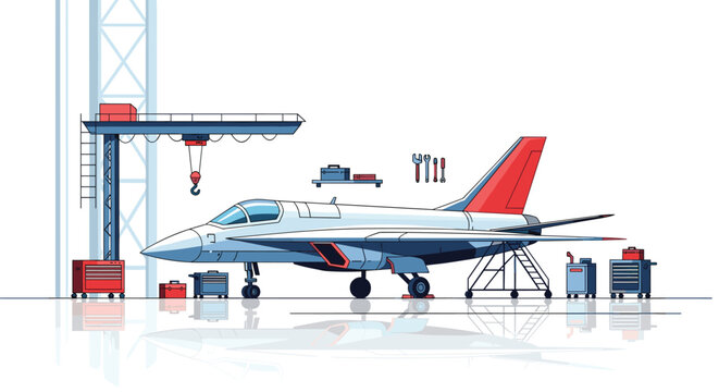 A military jet aircraft sits for technical repairs inside a clean industrial hangar environment featuring overhead cranes and organized toolboxes in flat colors.