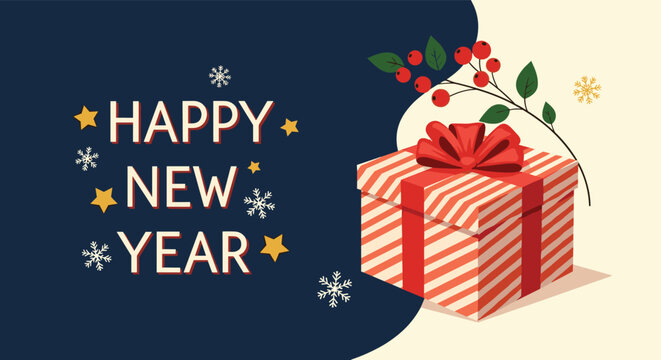 Happy New Year greeting card featuring a striped gift box with red ribbon and a holly berry branch over a dark blue and cream background.