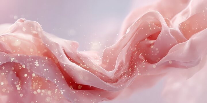 Flowing pink fabric abstract background with sparkling particles and silky waves for romantic wallpaper and banner design