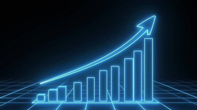 "Visualize a glowing neon bar graph with ascending vertical bars and an upward arrow, symbolizing growth, progress, business success, and futuristic digital advancement."