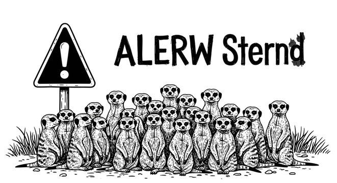 Meerkat mob standing by alert warning sign black white illustration