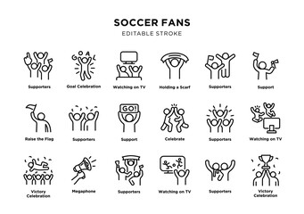 Fototapeta premium Soccer fans line icon set with supporters cheering and celebrating