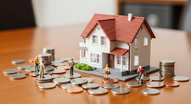 A small white model house with a red roof sits amidst piles of silver and copper coins and miniature people figurines on a table.