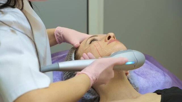 Ultrasound SMAS lifting superficial muscular aponeurotic system treatment on face in cosmetology clinic. Non invasive skin tightening and facial rejuvenation using professional aesthetic device. Anti